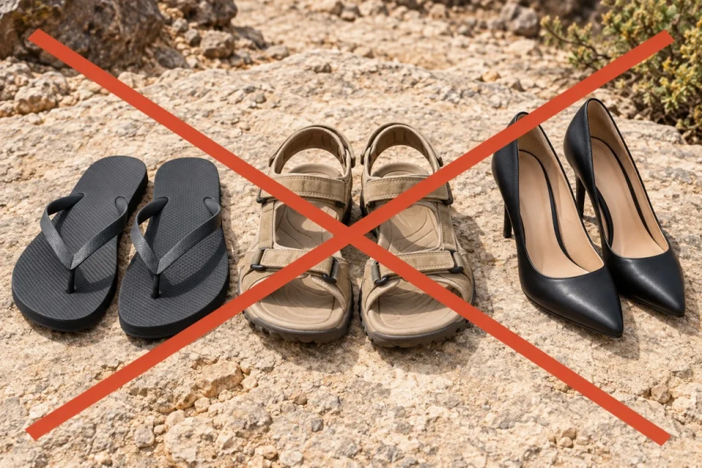 Chanclas, sandalias abiertas y zapatos de tacón tachados con una cruz como calzado no adecuado para senderismo